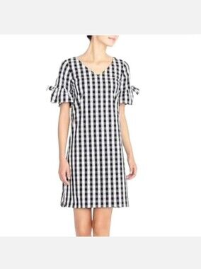 J.Crew Black White Gingham Ruffle Tie Sleeve Shift Dress S